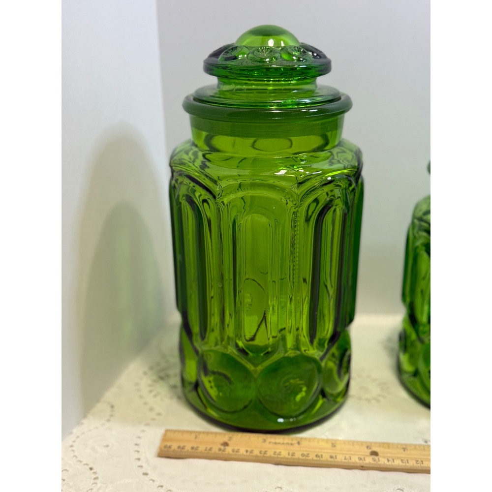 Vintage LE Smith Moon and Star Green Glass Canister Set 4 Piece Apothecary Jars - Picture 2 of 16